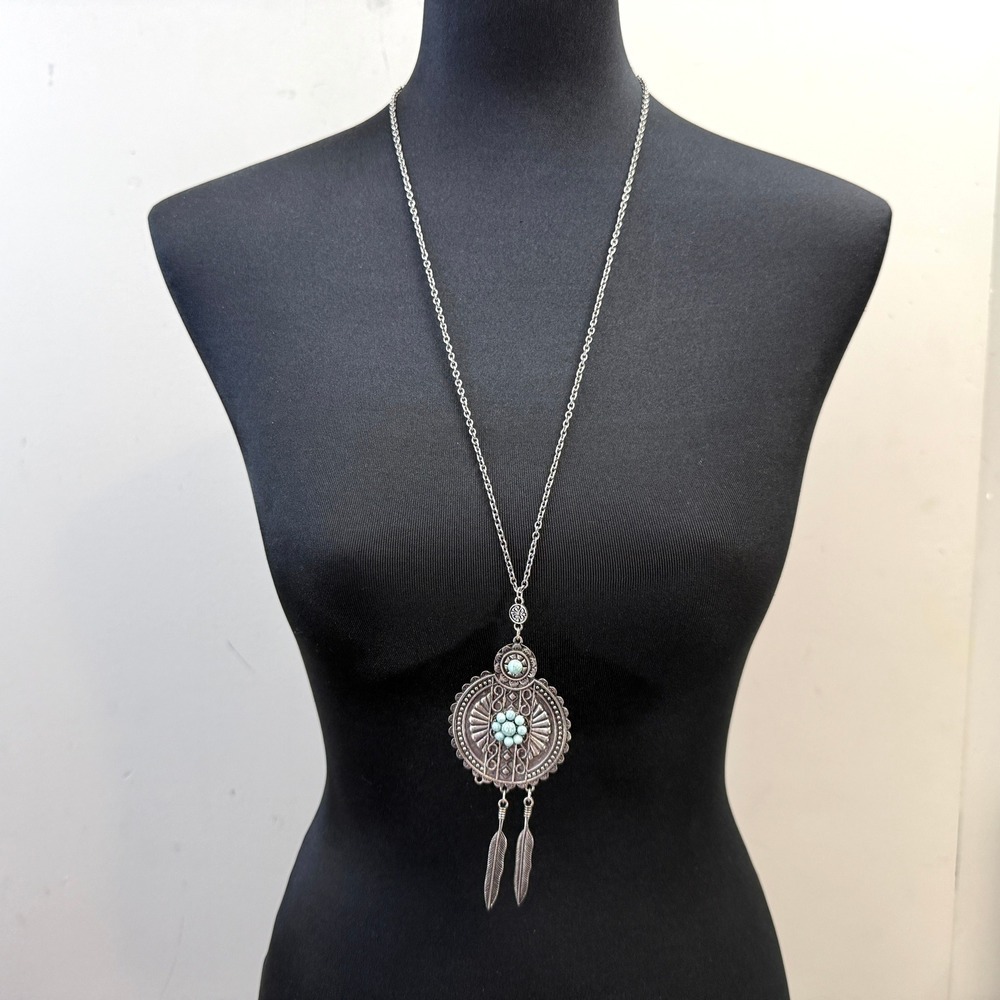 Bohemian Turquoise Pendant Necklace Silver Tone Acrylic Cluster Cabochon Jewelry